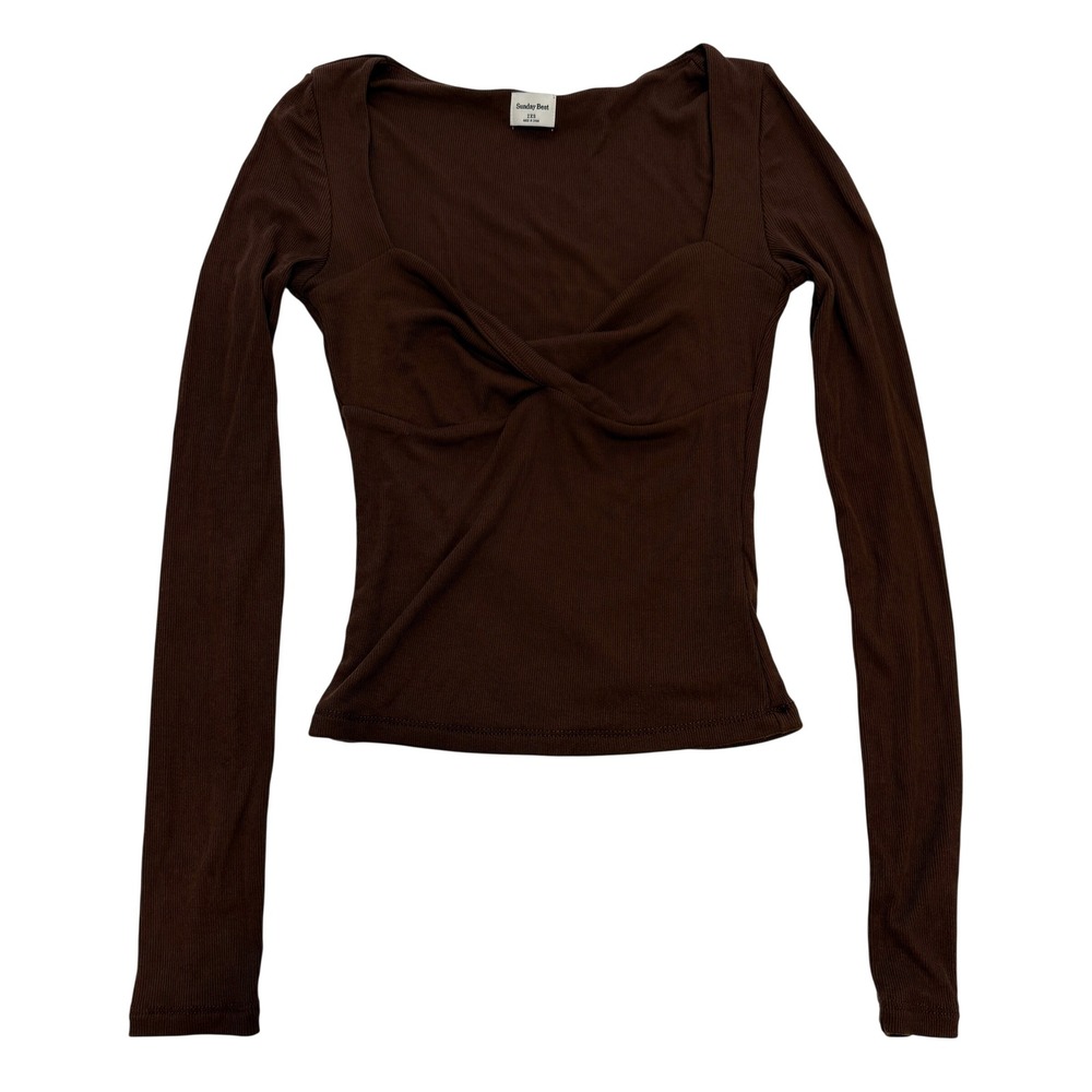 Sunday Best Aritzia Brown Ribbed Twist Front Long Sleeve Top 2XS XXS